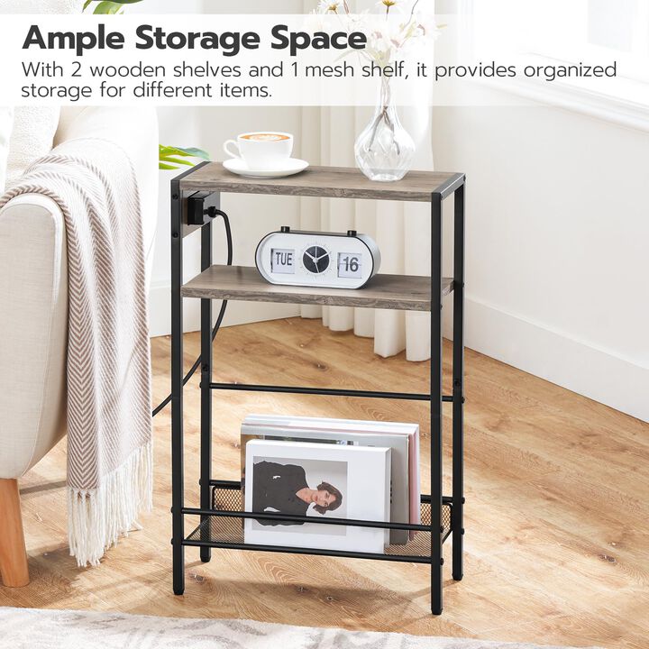 HOOBRO Small Narrow Side Table with Charging Station Set of 2, Skinny End Table for Small Spaces, Slim Nightstand with USB Ports