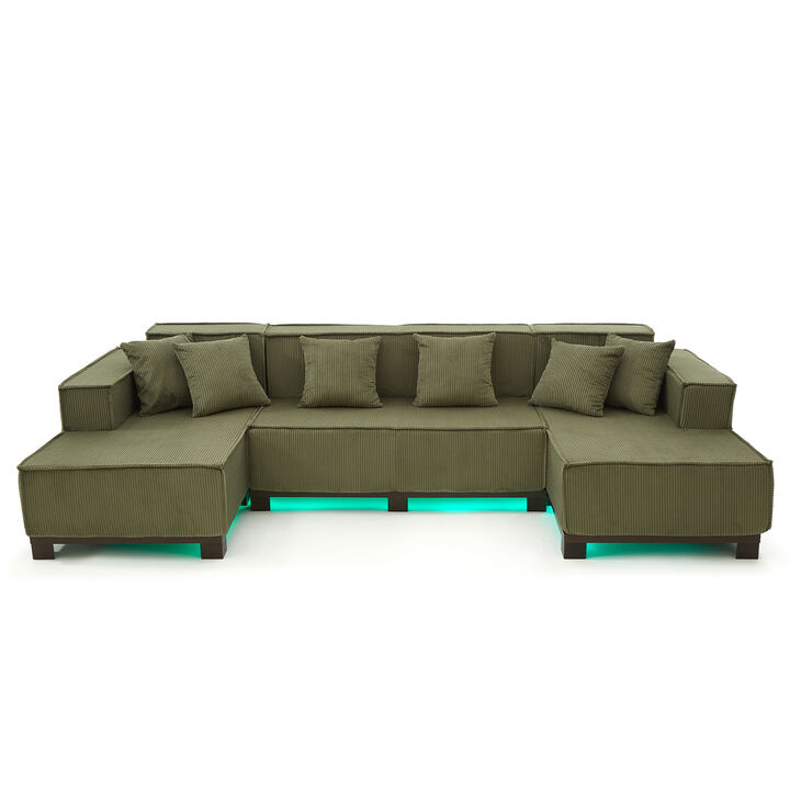 Merax Modern U-Shaped Sectional Sofa with RGB LED Lights & Corduroy Upholstery
