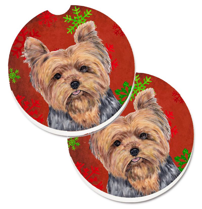 Caroline's Treasures Yorkie Red & green Snowflakes Holiday Christmas Set of 2 Cup Holder Car Coasters SC9428CARC, 2.56, Multicolor image number 0