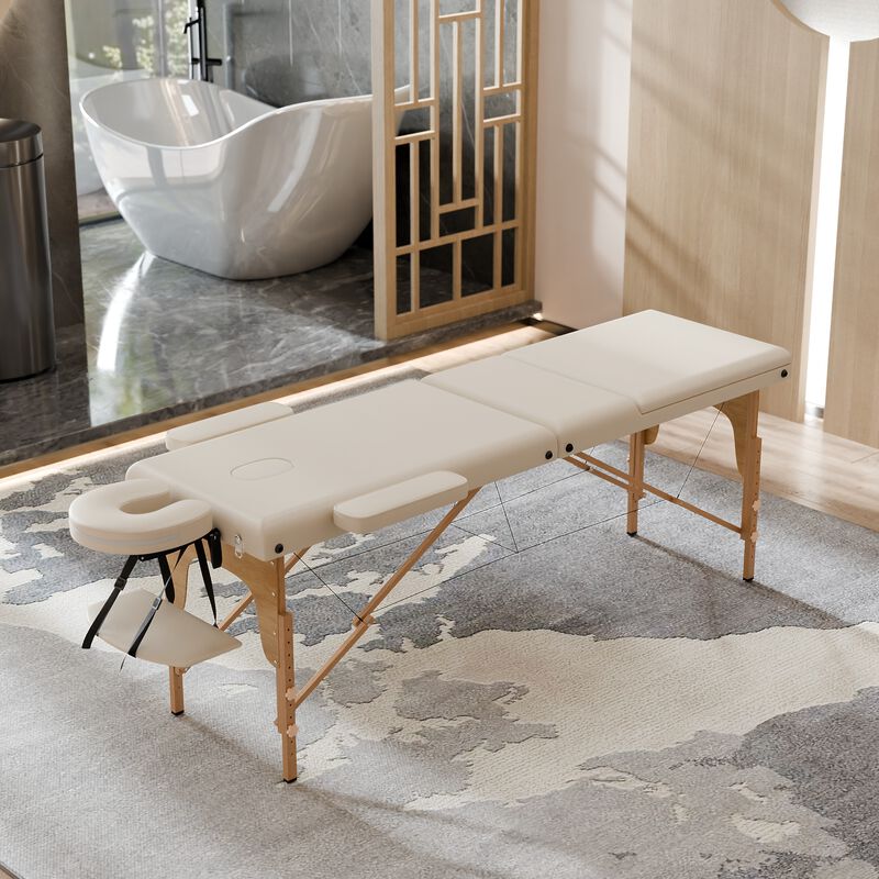 FUFU&GAGA Portable Folding Massage Bed with Solid Wood Legs & Metal Frame, Beige PVC Leather Top (Open: 84.2 in. W x 21.2 in. D x 26.7 in. H / Folded: 36.2 in. W x 7 in. D x 21.2 in. H), Beige