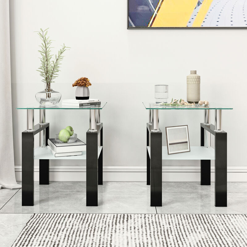 Set of 2, Modern Tempered Glass Tea Table Coffee Table End Table, Square Table for Living Room, Transparent/Black image number 2