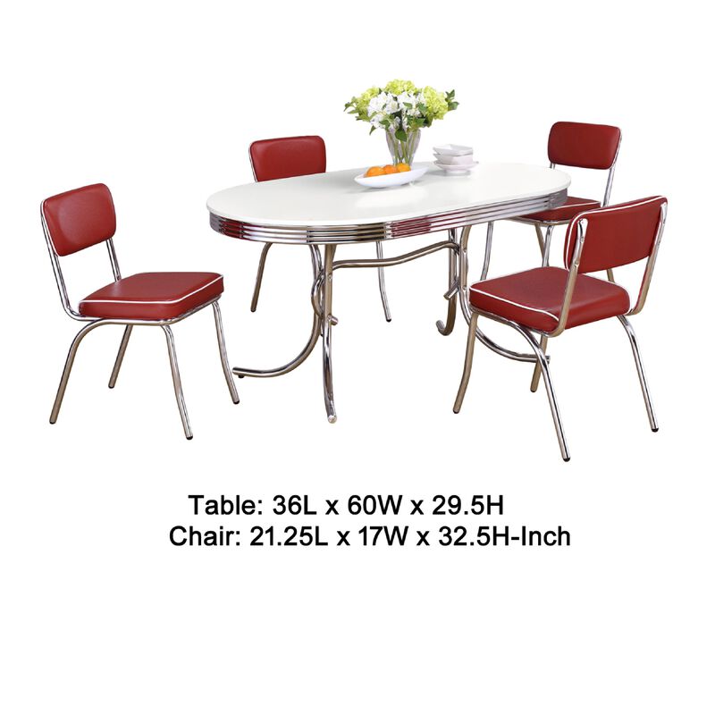 Loy 5pc Dining Table and Chair Set, Red Faux Leather, Retro White Oval