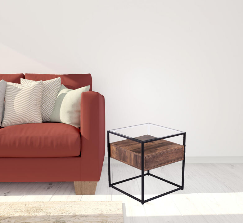 Hivvago 22 Inch Black Glass And Iron Square End Table With Drawer With Shelf