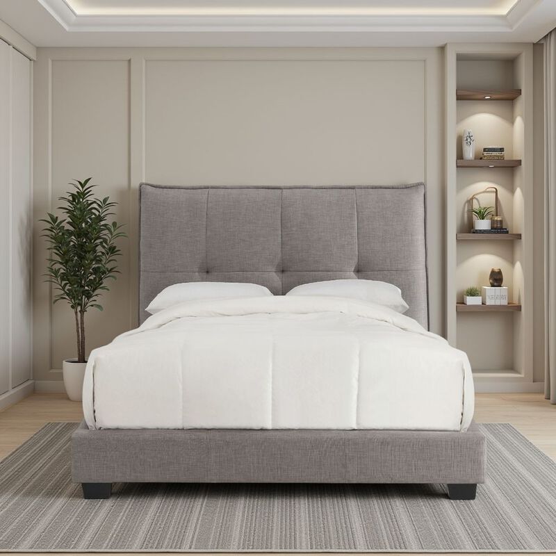 Amy Low Profile King Bed, Tufted Linen, Knife Edges, Gray