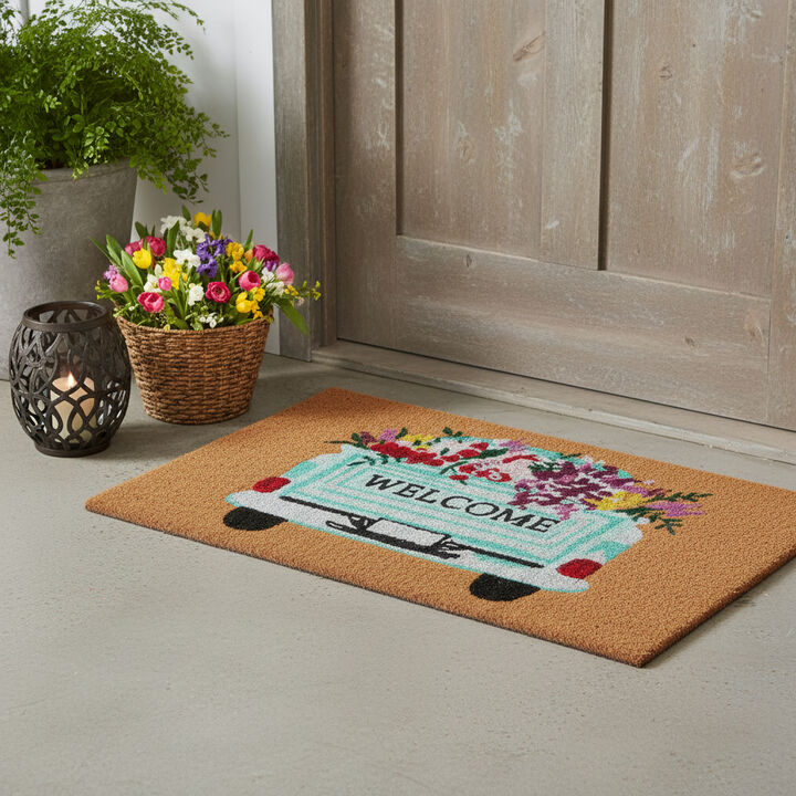 HomeRoots 17" X 29" Brown Aqua And Red Floral Welcome Outdoor Coir Door Mat