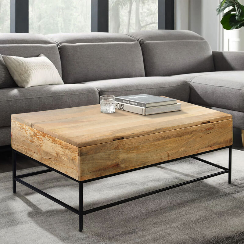 Audrey 45 Inch Handcrafted Mango Wood Coffee Table, Lift Top, Grain Details, Natural Brown, Black