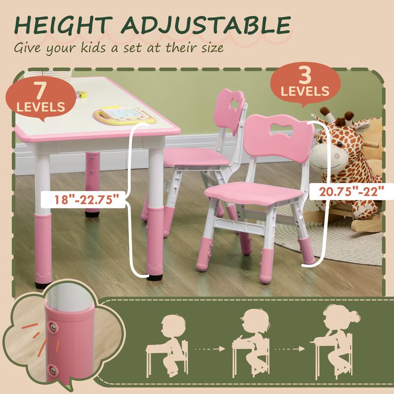 Kids Table and Chair Set with 4 Chairs, Adjustable Height, Easy to Clean Table Surface, for 1.5 - 5 Years Old, Pink