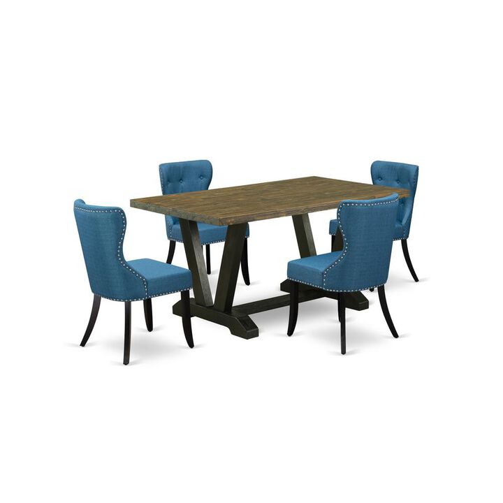 East West Furniture V676SI121-5 5-Pc Dining Room Set- 4 Dining Room Chairs with Blue Linen Fabric Seat and Button Tufted Chair Back - Rectangular Table Top & Wooden Legs - Distressed Jacobean and Blac