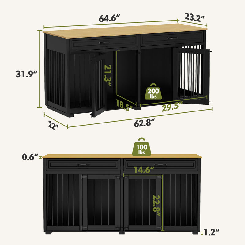 Large Dog Crate Furniture, 64.6 in. Wooden Dog Crate Kennel with 2 Drawers and Divider for Medium or 2 Small Dogs, Black