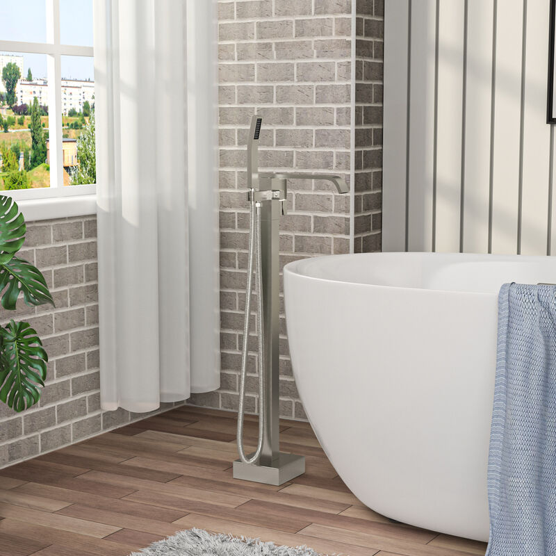 Brushed Nickel Free Standing Tub Faucet Floor Mounted Tub Filler Faucet Brass Bathroom Tub Faucets with Hand Shower