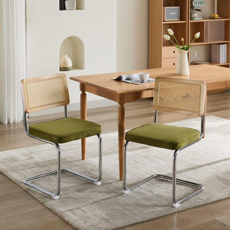 GOODSILO Mid-Century Modern Cantilever Dining Chairs with Velvet Upholstery and Hand-Woven Rattan Backs for Contemporary Kitchen Seating image number 1
