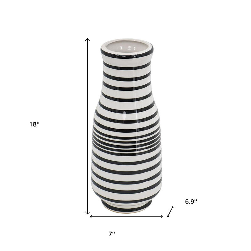 HomeRoots 18" Black And White Hand Painted Stripe Ceramic Table Vase image number 5