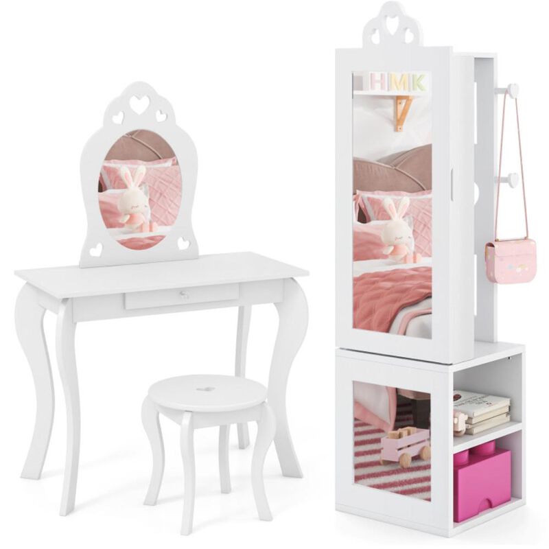 Hivvago Princess Vanity Table and Stool Set Freestanding Jewelry Cabinet Armoire with Full-Length Mirror