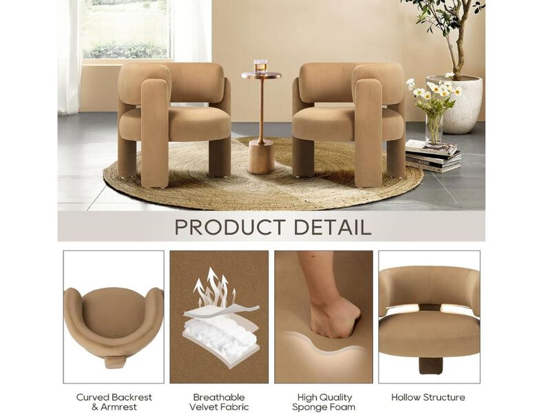 Accent Chair Set &ndash; 2 Khaki Velvet Barrel Armchairs with Solid Wood Legs image number 1
