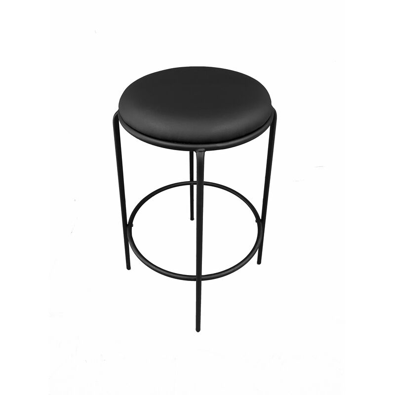 Neni 30 Inch Barstool Set of 2, Round Cushioned Seat, Black Faux Leather - Benzara
