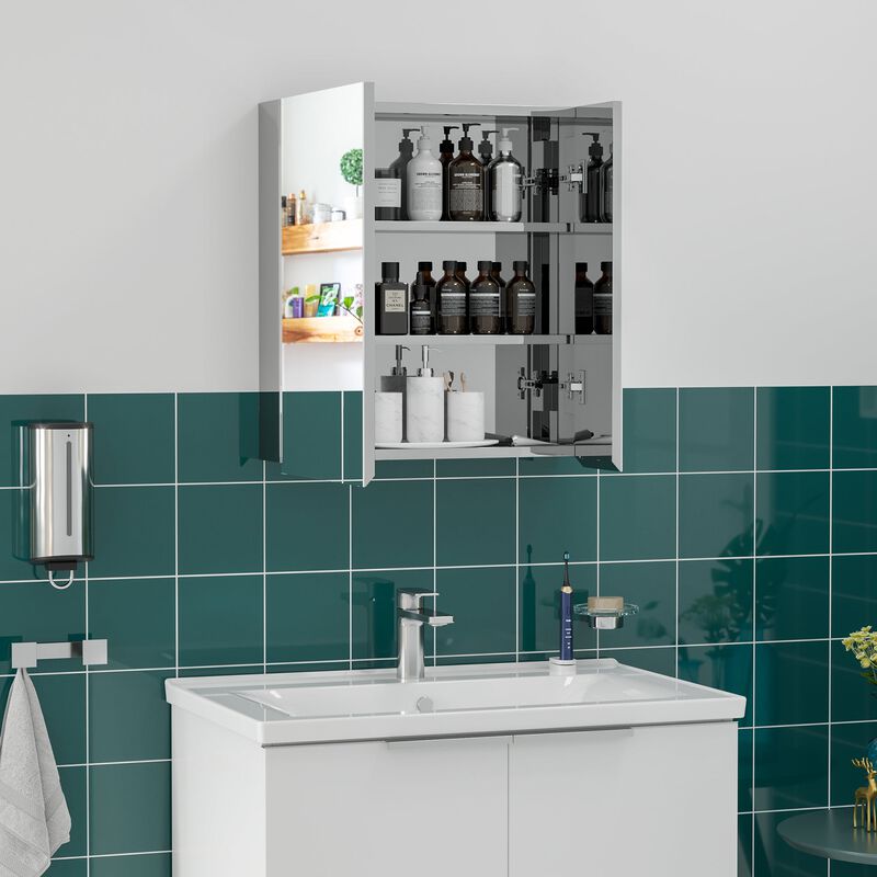Wall Mounted Bathroom Medicine Cabinet Mirrored Cabinet with Hinged Doors 3-Tier Storage Shelves Silver