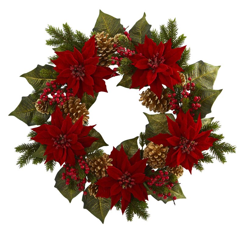 Hivvago 24" Poinsettia, Berry and Golden Pine Cone Artificial Wreath