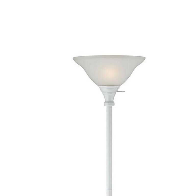 3 Way Torchiere Floor Lamp with Frosted Glass shade and Stable Base, White-Benzara