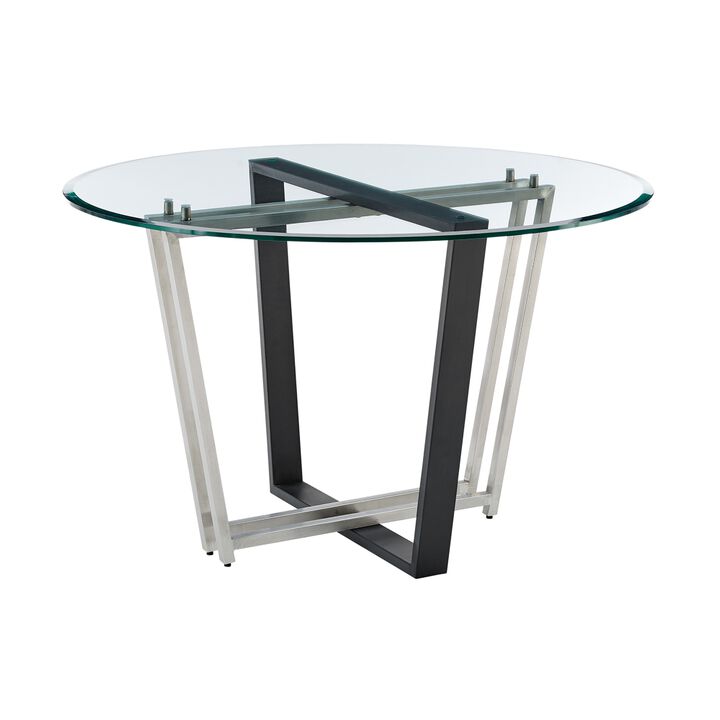 Sanaya Dining Table, 48 Inch Glass Top, Silver Steel, Black Iron