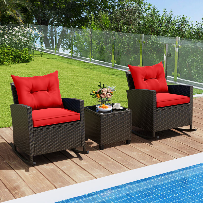 Patio Rattan Roker Chairs with Tempered Glass Table and Soft Cushions for Backyard  Poolside Porch-Beige