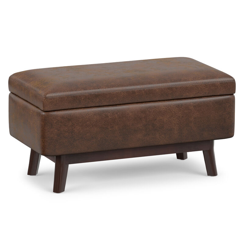 Owen 36 inch Wide Mid Century Modern Rectangle Small Rectangular Storage Ottoman in Distressed Chestnut Brown Vegan Faux Leather, Assembled image number 0