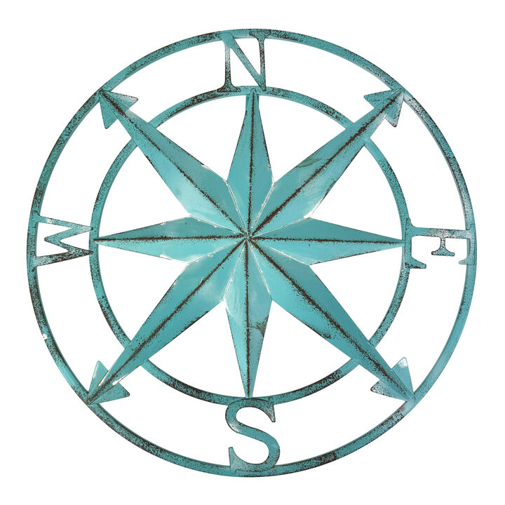 Aqua Metal Compass Rose Wall Decor 20.25 inch Coastal Nautical Beach Art