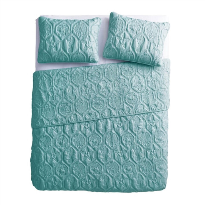 Coastal Beach 3-Piece Quilt Set, Embossed Starfish, Seashell, and Seahorse Pattern for Nautical Bedrooms