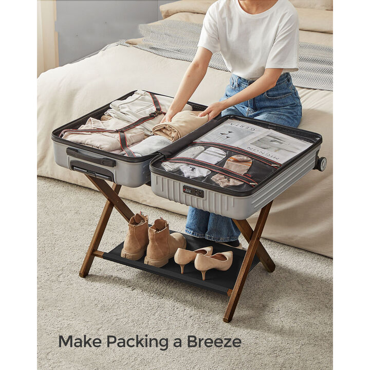 Foldable Suitcase Stand with Shelf &ndash; Guest Room Luggage Rack with Strong Nylon Straps