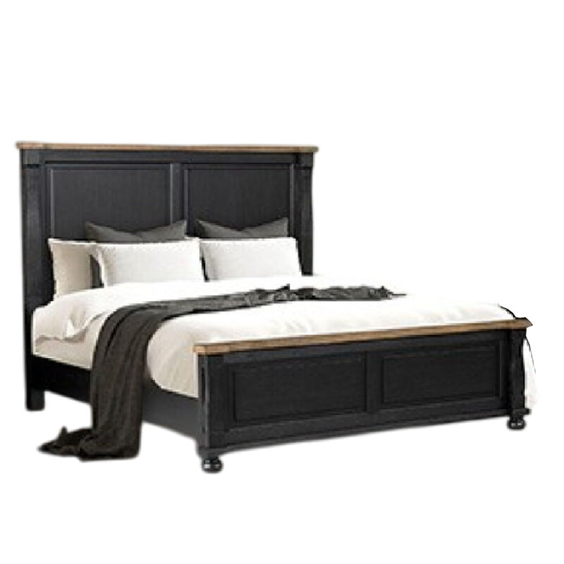 Ginie King Bed, Tall Headboard, Farmhouse Legs, Black Oak Brown Oak - Benzara