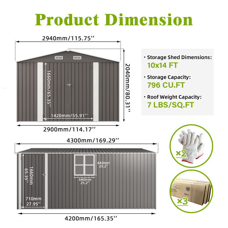 10x14 FT Outdoor Metal Storage Shed with Three Lockable Doors and Clear Window image number 3