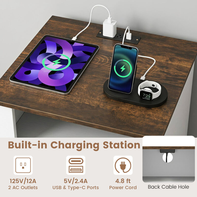 Modern Nightstand with Charging Station and 2 Storage Drawers for Bedroom image number 4