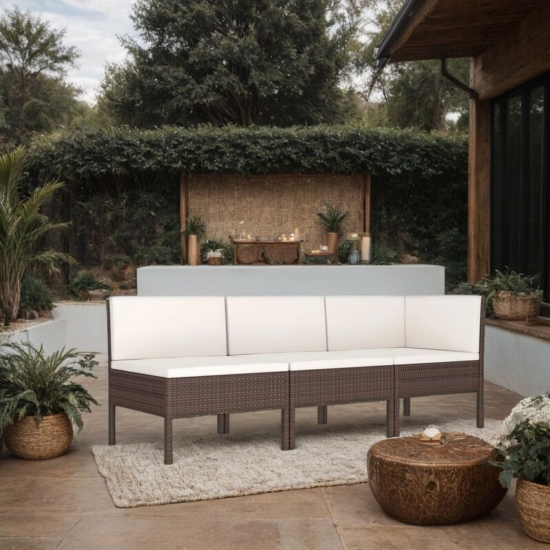 3pc Outdoor Modular Sofa Set, Cushions, Cream White, Brown Poly Rattan - Benzara