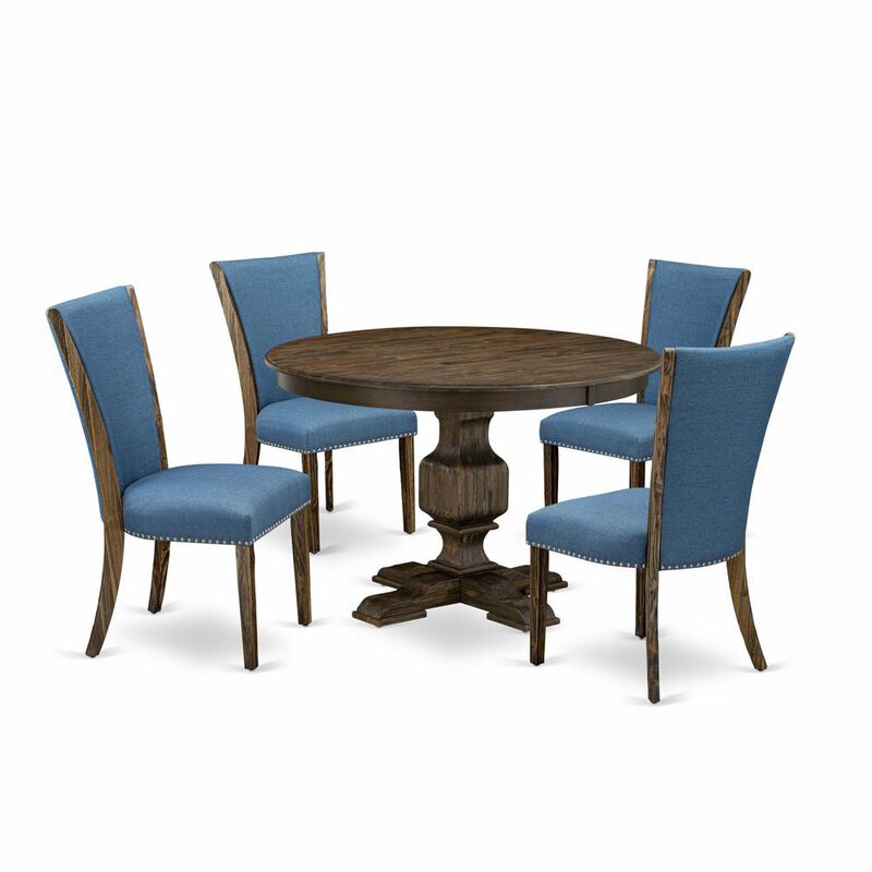 East West Furniture 5-Piece Modern Dining Set - Wood Pedestal Table and 4 Blue Color Parson Dining Room Chairs with High Back - Distressed Jacobean Finish