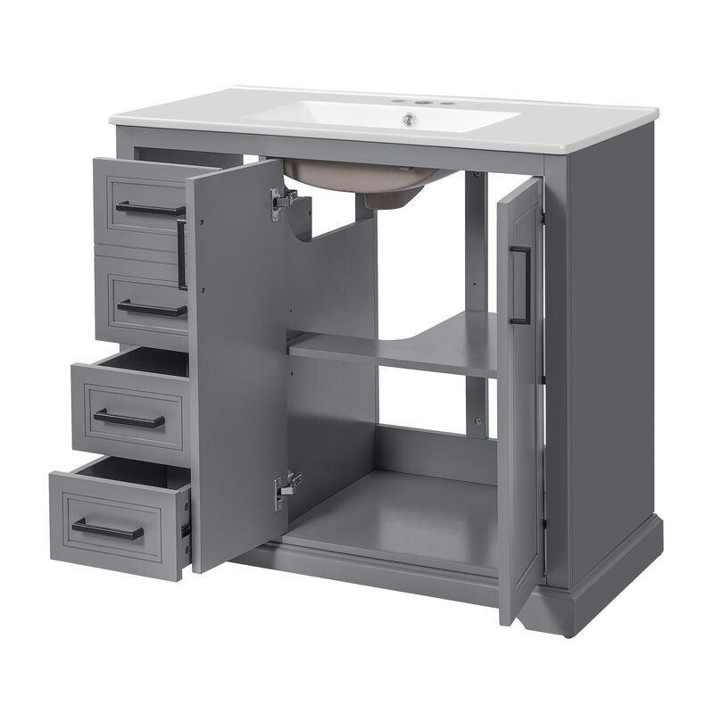 Whisen 36" Modern Bathroom Vanity with Ceramic Sink, Soft-Close Door, Adjustable Shelf & 3 Drawers