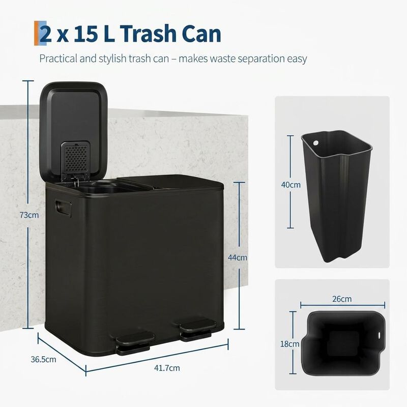 Stainless Steel Dual Compartment Trash Can. 2x15L Removable Buckets, Soft-Close Lid, Touchless pedal image number 4