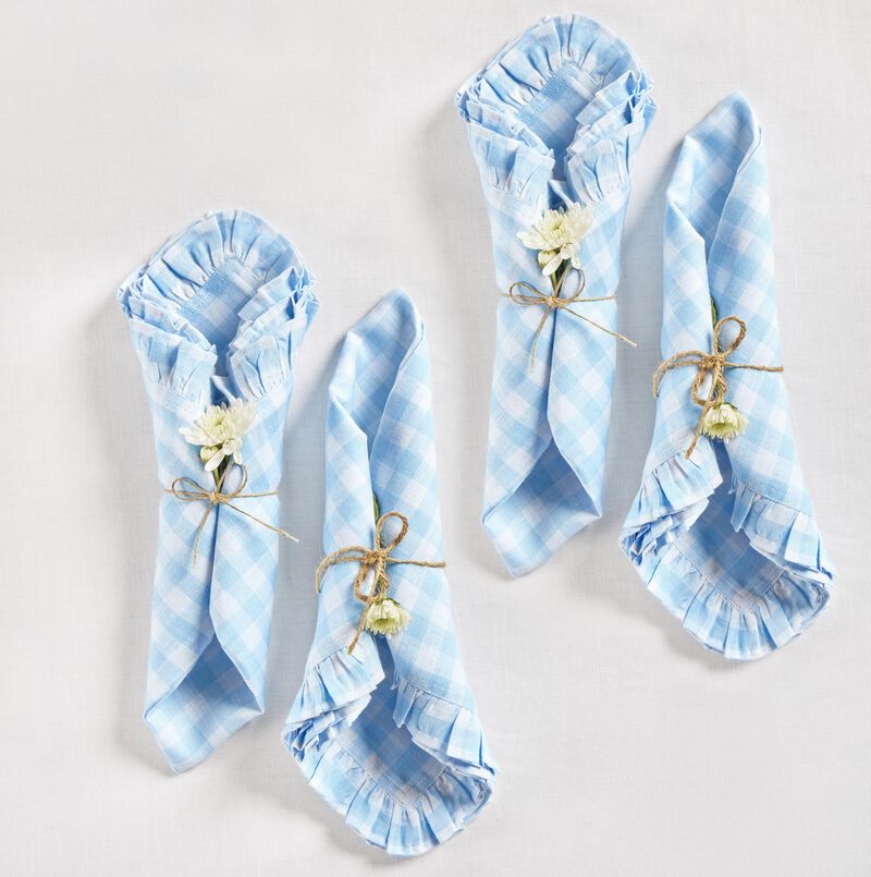 Solino Home Gingham Ruffle 100% Linen Dinner Napkins &ndash; Set of 4, 20 x 20 in, Machine Washable, Holiday and Everyday Dining