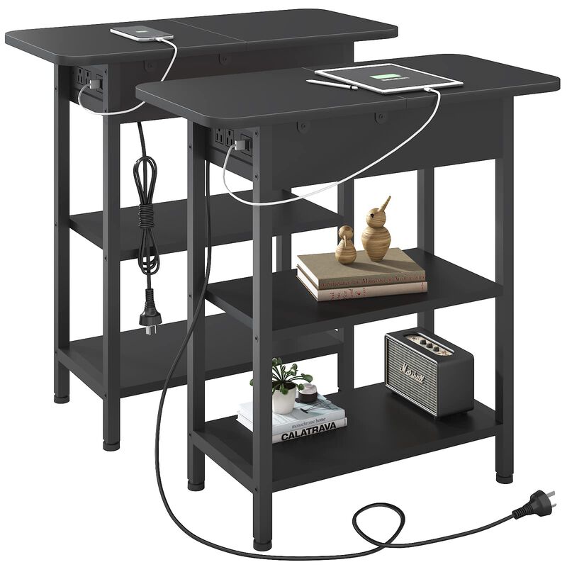 LIDYUK End Table with Charging Station, Set of 2 Flip Top Narrow Side Table for Small Spaces, Nightstands Set of 2 for Bedroom,