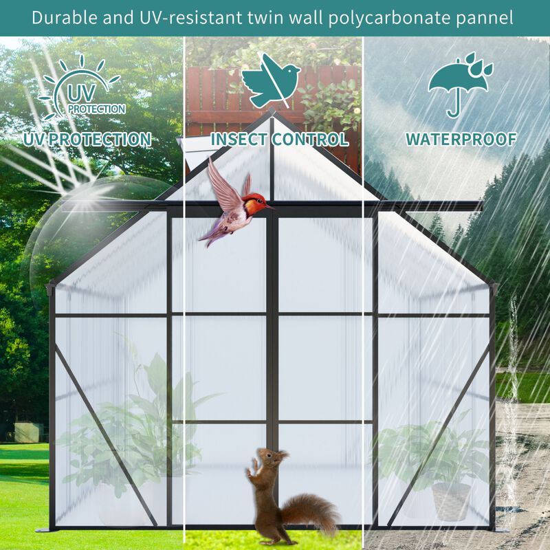 8x8 FT Double Door Polycarbonate Greenhouse Raised Bas&Anchor Aluminum Heavy Duty Walk-in Greenhouse image number 6