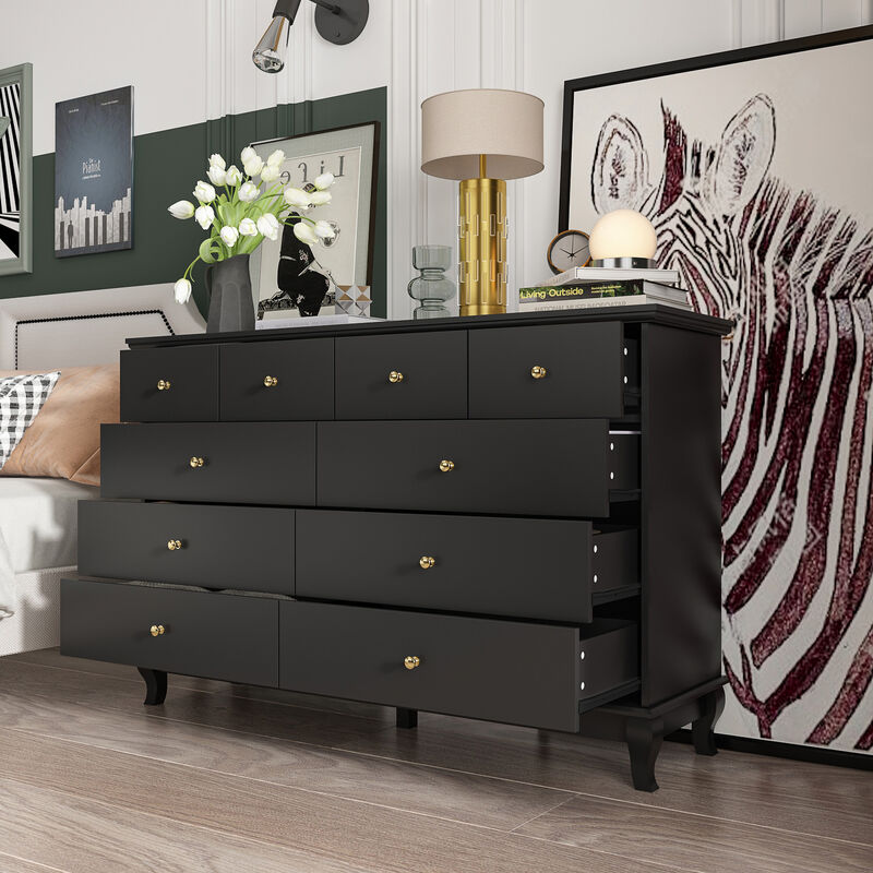 Black 10-Drawers Wood Double Chest of Drawer 55.1 in. W x 15.7 in. D x 35.4 in. H Dresser Organizer