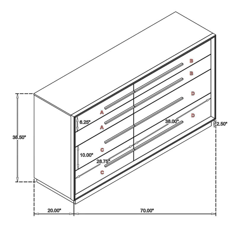 Lyni Wide Dresser, 8 Storage Drawers, Open Shelf, Washed Oak Brown - Benzara
