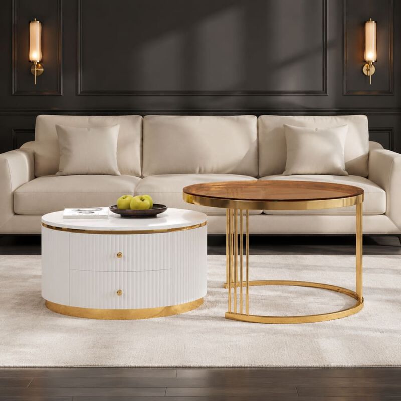 GOODSILO Modern 2-Piece Round Nesting Coffee Table Set with Storage Drawers, Space-Saving Versatile Furniture for Living Room and Small Home Spaces image number 3