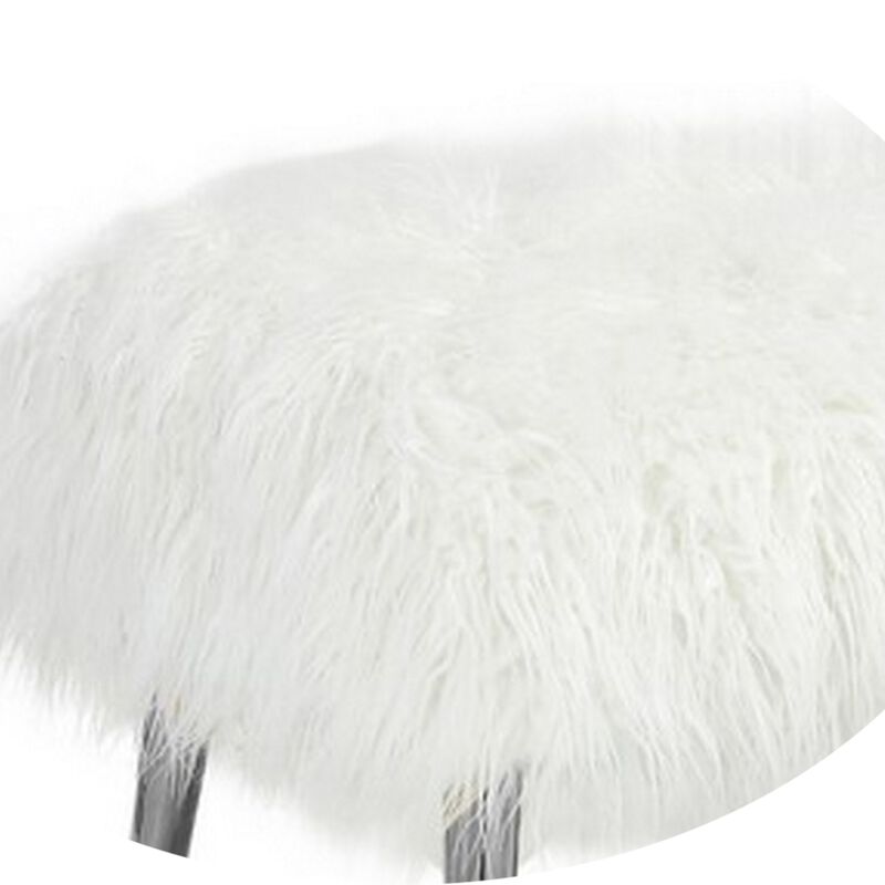 Ammy 45 Inch Bench with Foam Fill Seat, White Faux Fur, Silver Metal Legs - Benzara