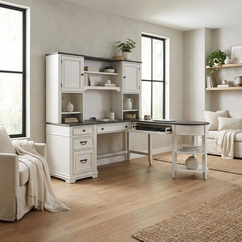 L Shaped Desk Set In White With Charcoal Top For Modern Office Spaces image number 2