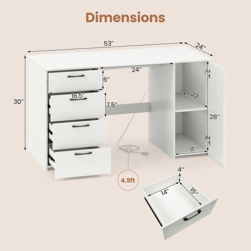 Hivvago 53 Inches Computer Desk with Power Outlets and 4 Storage Drawers