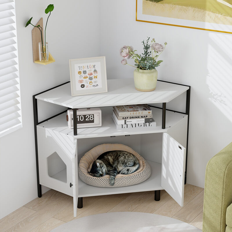 Corner Cat Litter Box Enclosure with Open Shelf 2 Entrances and Metal Legs