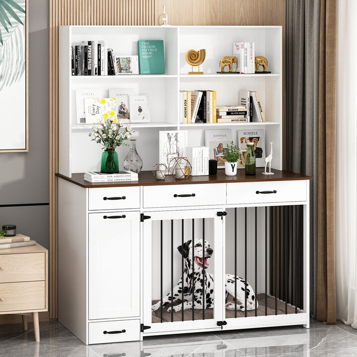 Dog House Furniture Style Dog Crate Storage Cabinet, Large Dog Crate With Shelf and Drawer and Drawer Dog Bowl, White