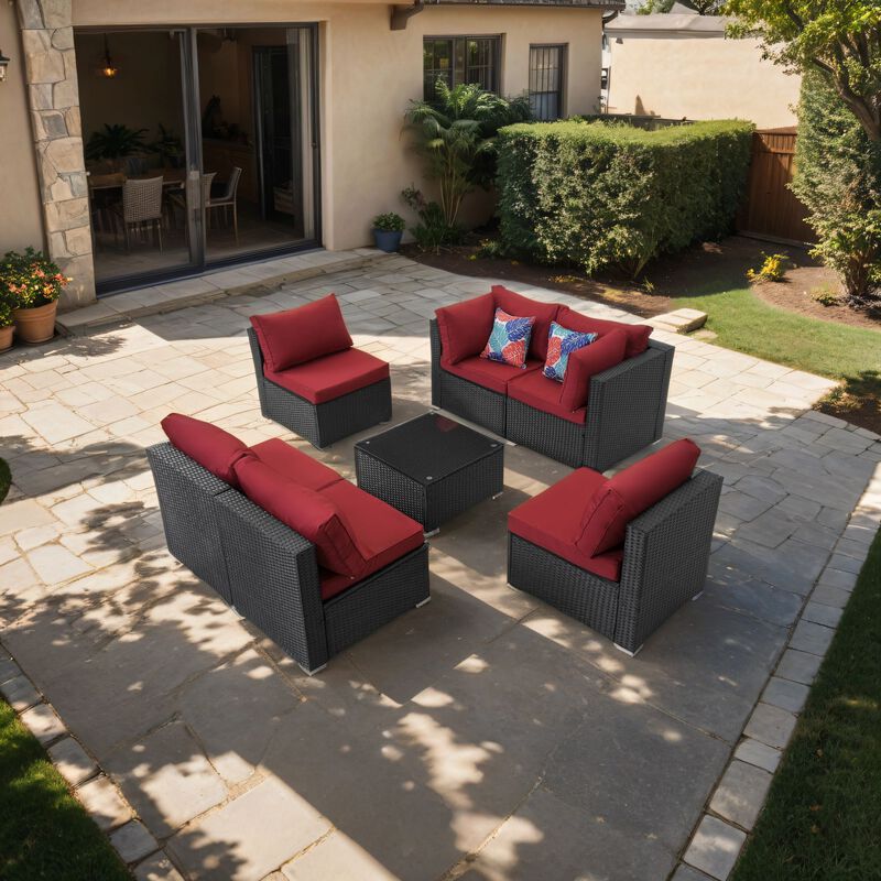 MONDAWE 7 Pieces Outdoor Sectional Set with Cushion,  All Weather PE Patio Ratten Sofa Set with Tempered Glass Desktop