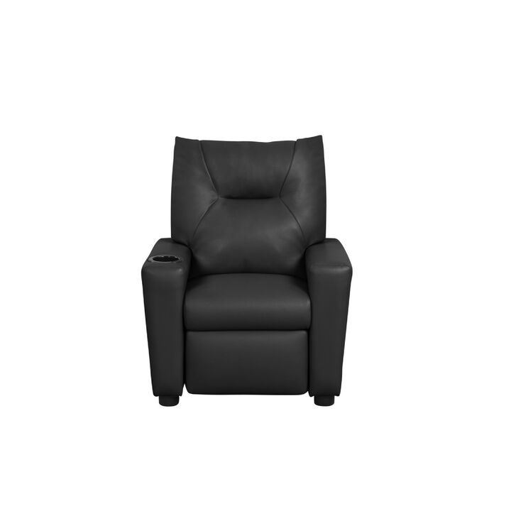 Chang Kids Recliner Chair, Built In Cupholder, Black Faux Leather - Benzara