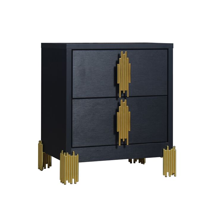 Theo Nightstand, 2 Drawers, Retro Gold Handles and Black Wood, 25 Inch - Benzara