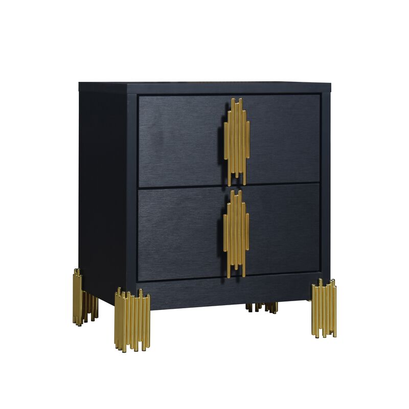 Theo Nightstand, 2 Drawers, Retro Gold Handles and Black Wood, 25 Inch - Benzara
